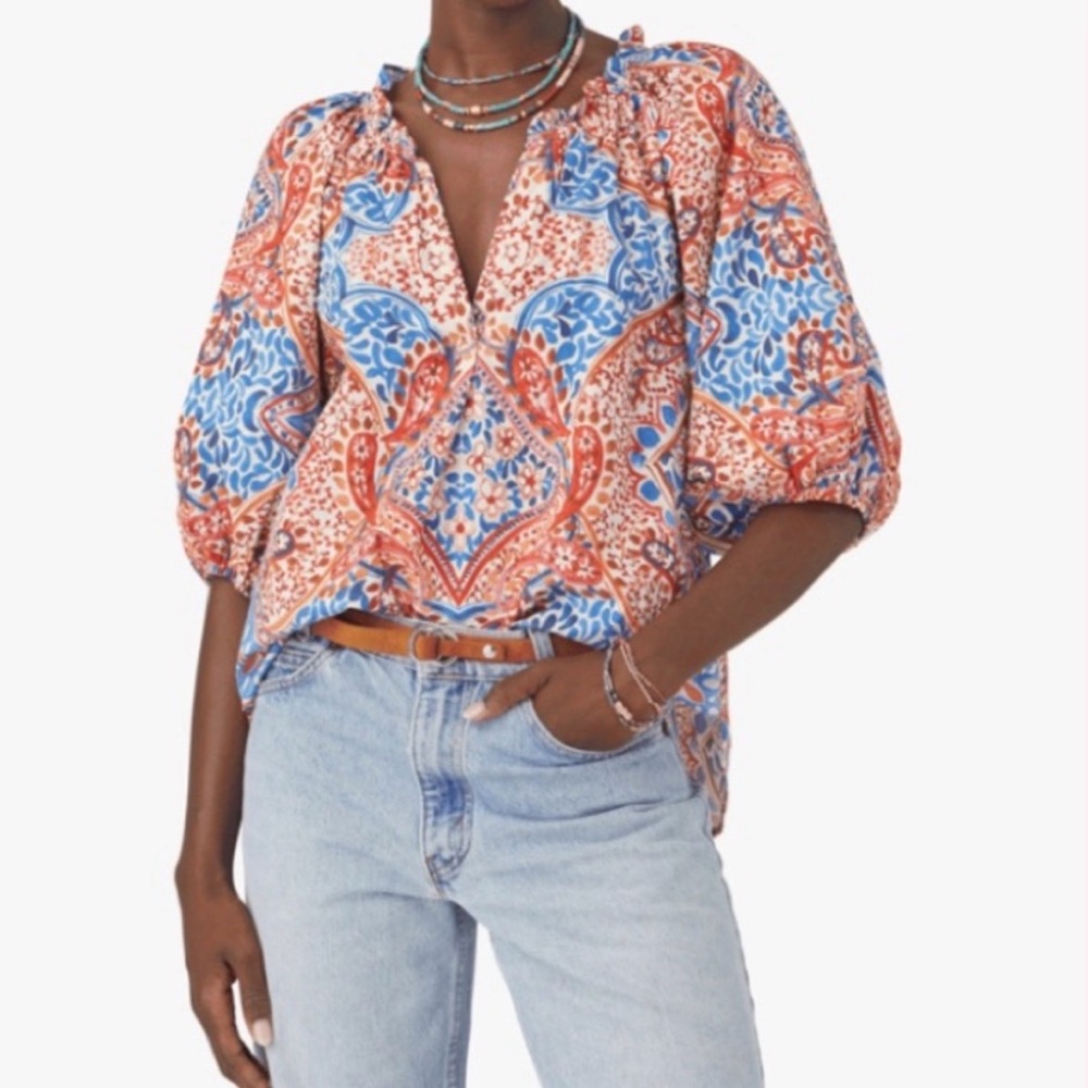 Xirena Jules Terra Mosaic Red Blue Print Puff Sleeve Popover Top Blouse Top